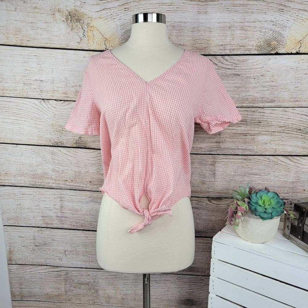 Madewell Womens Red White Gingham V Neck Short Sleeve Tie Front Shirt Top Medium